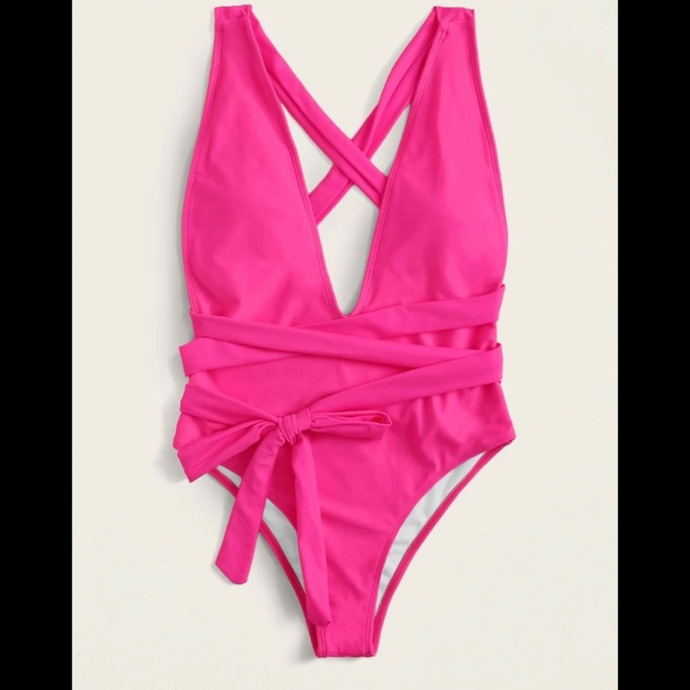 Open back self tie one piece swimsuit